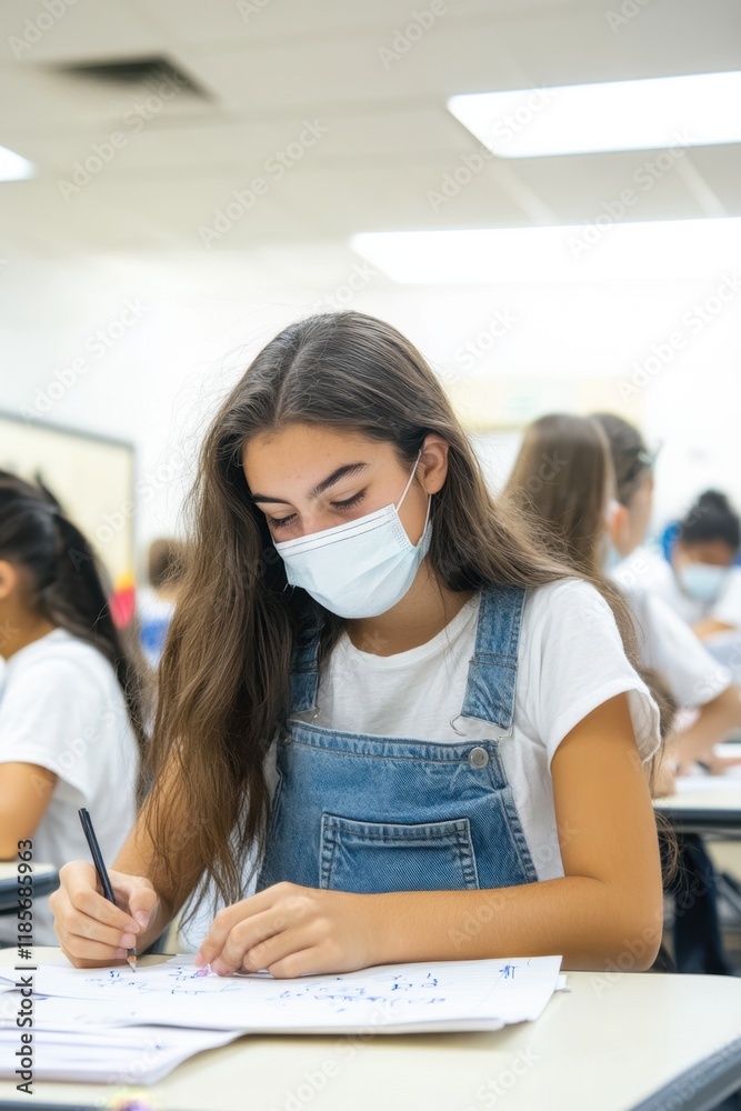 High school student in a classroom, wearing a face mask, focuses on homework while classmates work quietly in a bright and clean environment High school student in a classroom, wearing a face mask, focuses on homework while classmates work quietly in a bright and clean environment