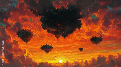 Floating islands sunset fantasy landscape, fiery sky, digital art, game background.