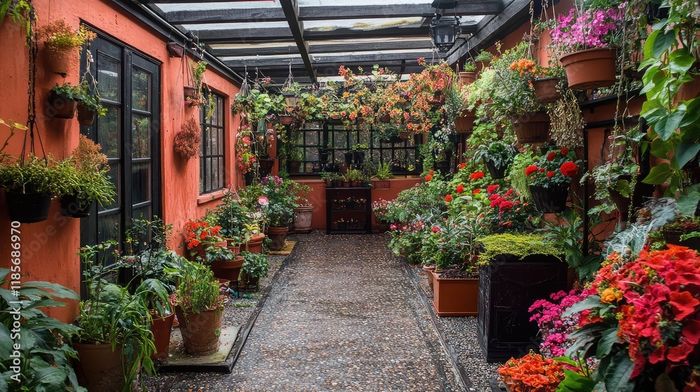 Obraz premium A cozy indoor garden space with potted plants, hanging planters, and decorative accessories, providing a perfect environment for garden design ideas and ample text space.