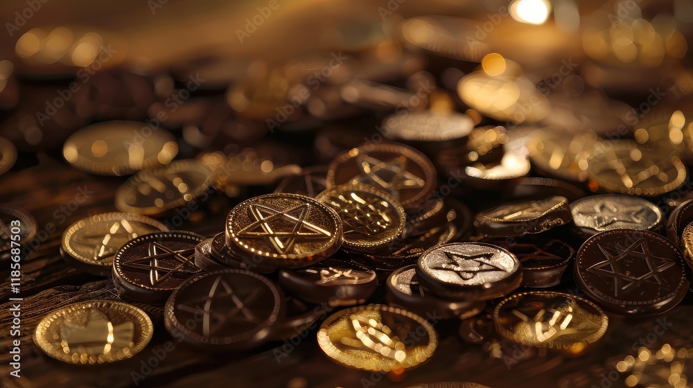 Decorative Hanukkah gelt (chocolate coins) scattered across a table set for celebration.