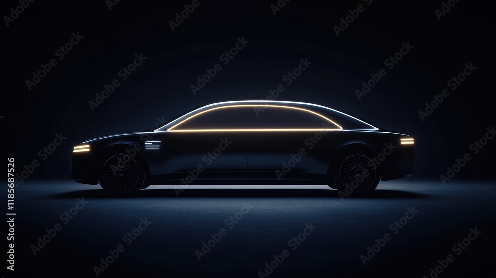 Fototapeta premium A futuristic autonomous car glowing softly with smart technology elements, parked on a minimalist background with ample copy space