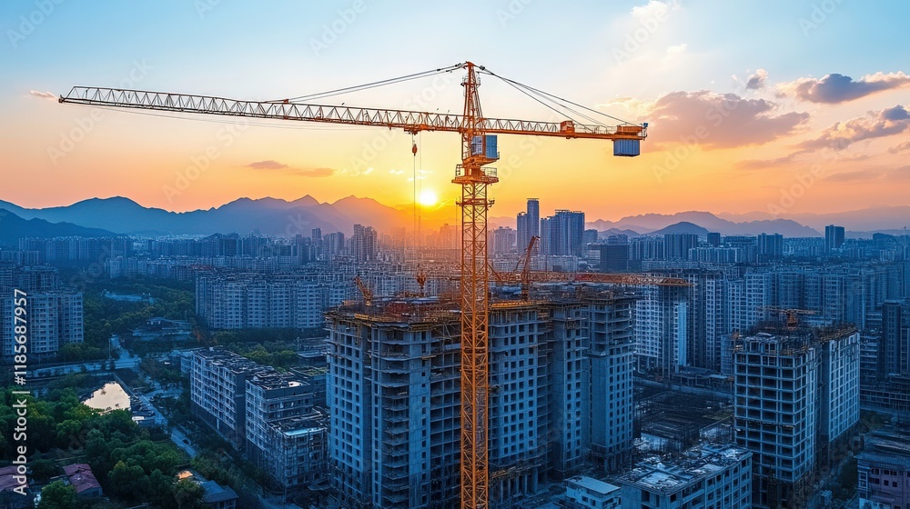 Urban construction site. Cityscape and skyline development with buildings and a crane highlight architecture industry. Sunset creates a silhouette, ideal for illustrating real estate growth, future