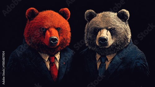 Two bears in suits, one red and one gray, symbolizing a corporate or political theme.