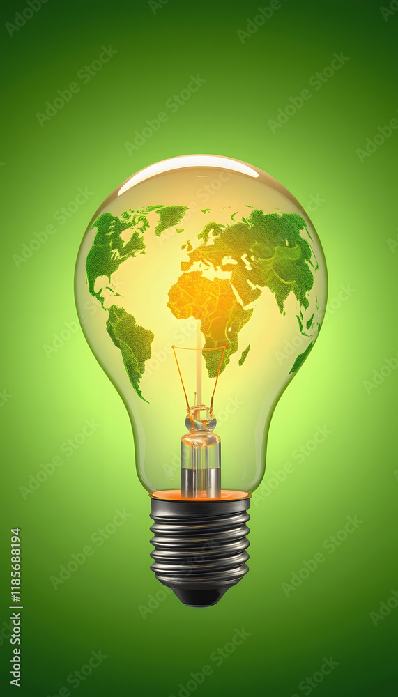 World Map Inside Light Bulb on Green Background: Global Energy
World Map Inside Light Bulb on Green Background: Global Energy