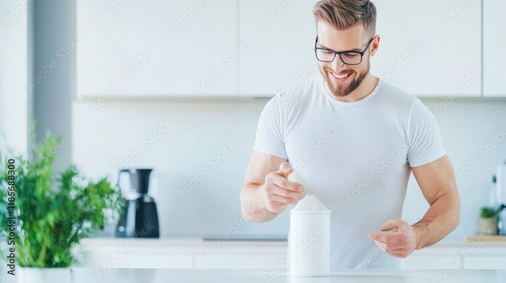 Morning Ritual: A handsome man with a stylish beard and glasses smiles brightly as he enjoys a cup of coffee in his modern kitchen. This image captures the simple joys of starting the day right. Morning Ritual: A handsome man with a stylish beard and glasses smiles brightly as he enjoys a cup of coffee in his modern kitchen. This image captures the simple joys of starting the day right.