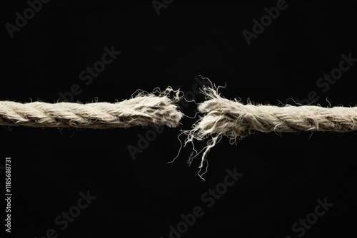 The image shows a frayed rope, split in two at the centre, displaying its torn fibres against a stark black background.The broken rope