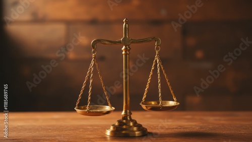 Golden Scales Of Justice On Wooden Surface photo