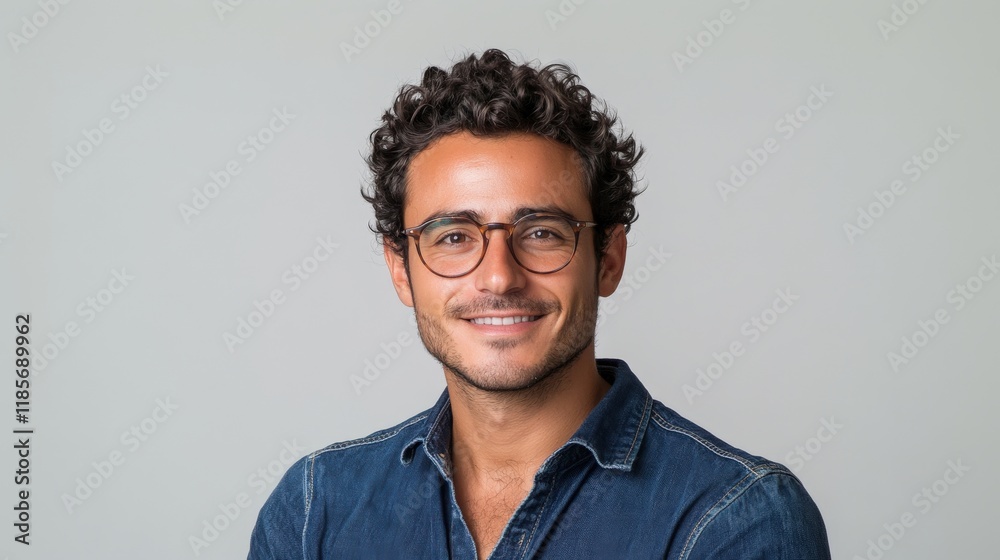 Fototapeta premium Confident male portrait in casual denim. Young man with glasses and curly hair smiles. Casual shirt enhances friendly expression. Trendy and positive fashion headshot for modern lifestyle use.