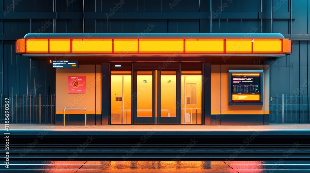 A glowing smart railway station with futuristic interactive signage, displayed on a sleek urban background with blank space A glowing smart railway station with futuristic interactive signage, displayed on a sleek urban background with blank space