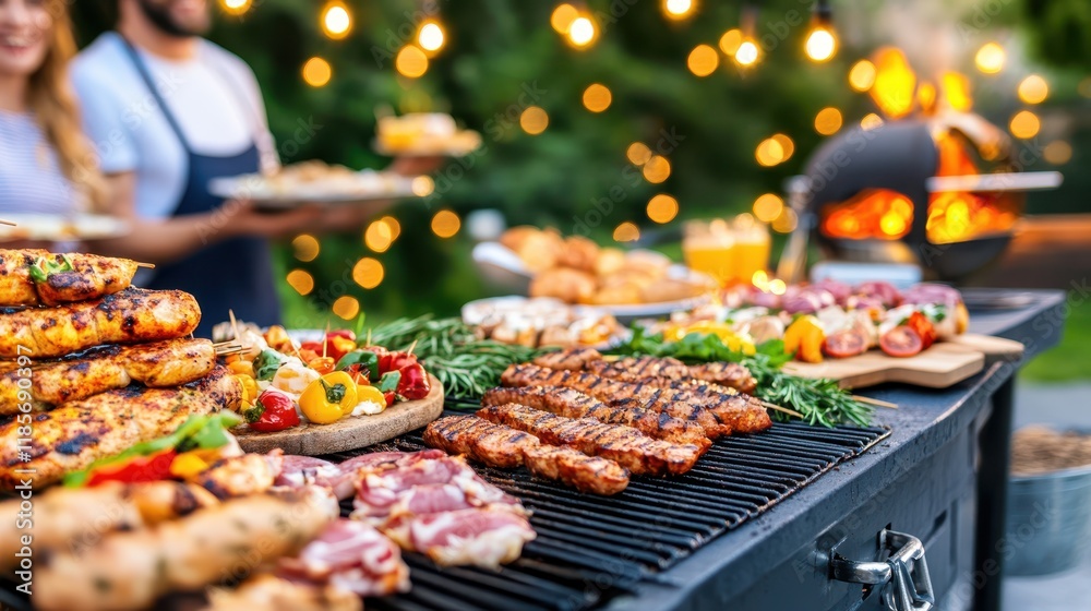 Summer Barbecue Feast: A delicious spread of grilled meats and vegetables sizzles on the barbecue, inviting friends and family to gather for a fun-filled outdoor celebration. Summer Barbecue Feast: A delicious spread of grilled meats and vegetables sizzles on the barbecue, inviting friends and family to gather for a fun-filled outdoor celebration.