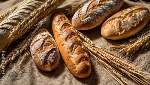 Artisan Bread Selection with Burlap and Wheat Stalks