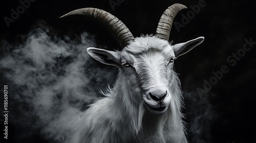 Black and white goat head with robust horns set against a black background with drifting white mist photo