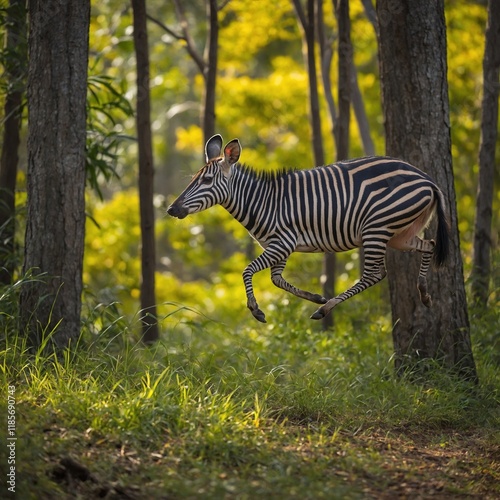 A zebra duiker running through a bright yellow and green forest. photo