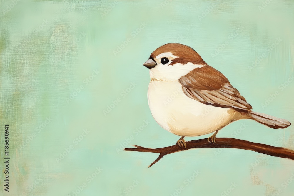 Fototapeta premium Bird sitting on a branch against a soft teal background, featuring a charming illustration of a sparrow, perfect for nature-themed designs and advertisements.