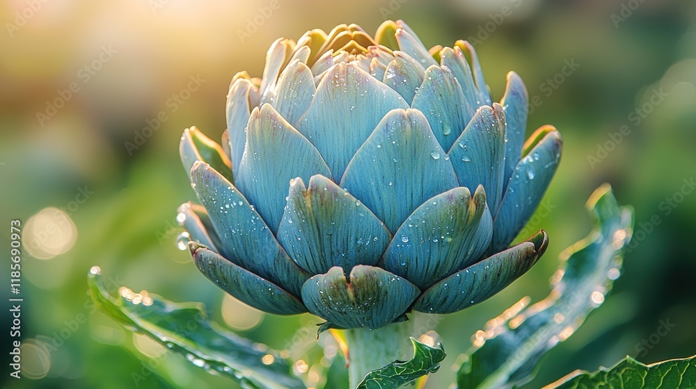 Dew-Kissed Artichoke Blossom in a Sunlit Garden Dew-Kissed Artichoke Blossom in a Sunlit Garden