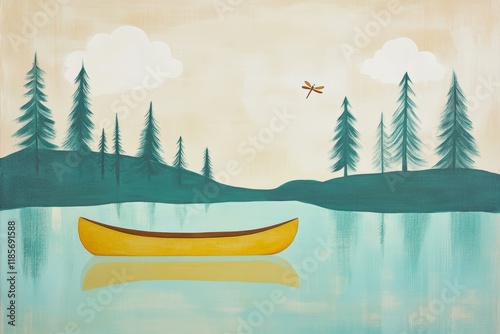 Canoe floating on serene lake with lush trees and clouds reflecting in water, perfect for nature lovers and relaxation themes in outdoor settings. photo