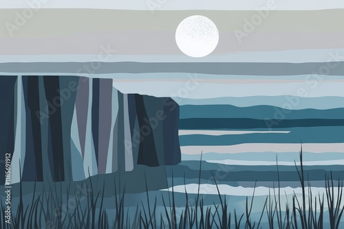 Cliffs, serene landscape with full moon reflecting on calm water, creating a tranquil atmosphere. Ideal for nature, travel, or meditation themes in design projects. photo