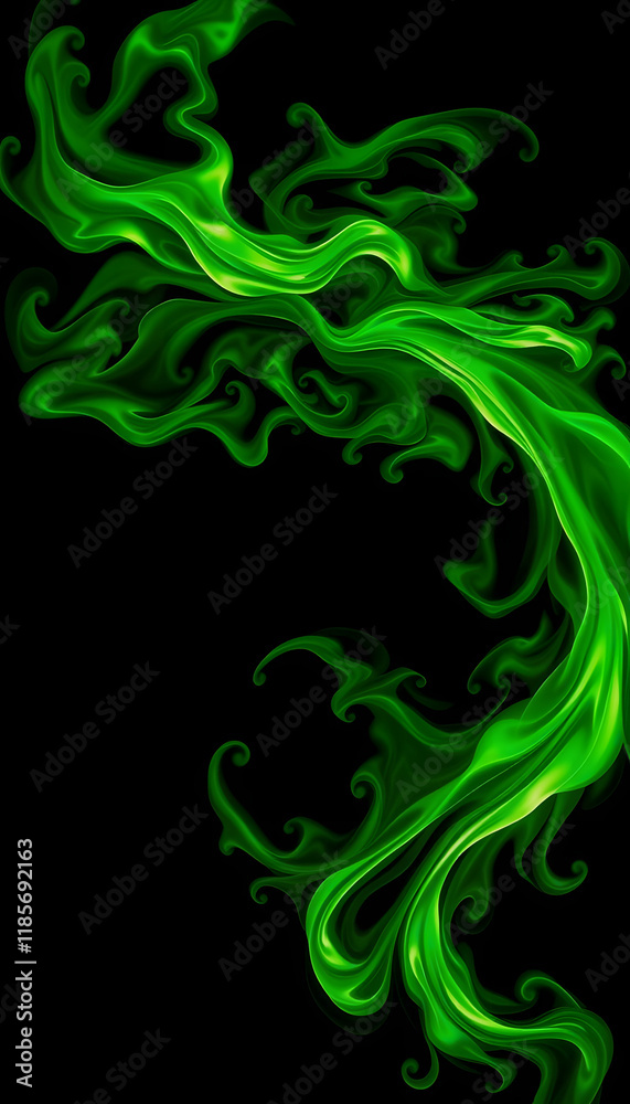 Fiery Flowing Green Energy Pattern on a Black Background, silhouette, with white tones Fiery Flowing Green Energy Pattern on a Black Background, silhouette, with white tones