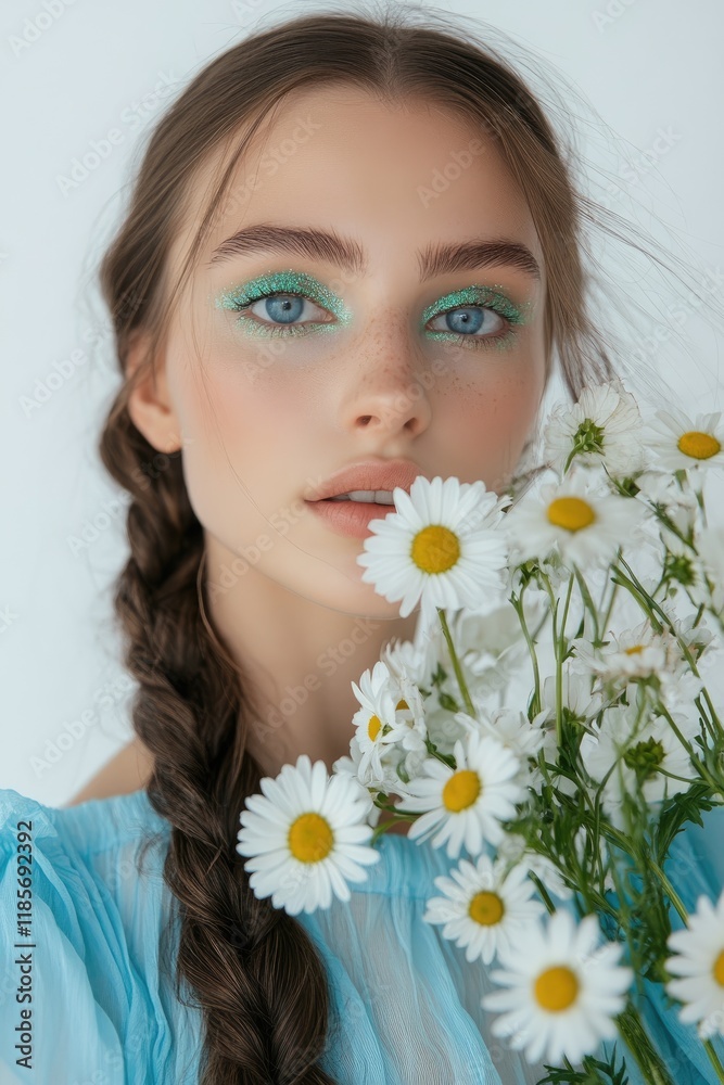 A beautiful woman with braided hair and blue eye shadow holds daisies, wearing an outfit made of lacy teal fabric A beautiful woman with braided hair and blue eye shadow holds daisies, wearing an outfit made of lacy teal fabric