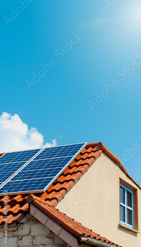 Solar panels mounted on an old tiled roof under a clear blue sky, harnessing solar energy efficiently, hand-drawn digital illustration, with white tones photo