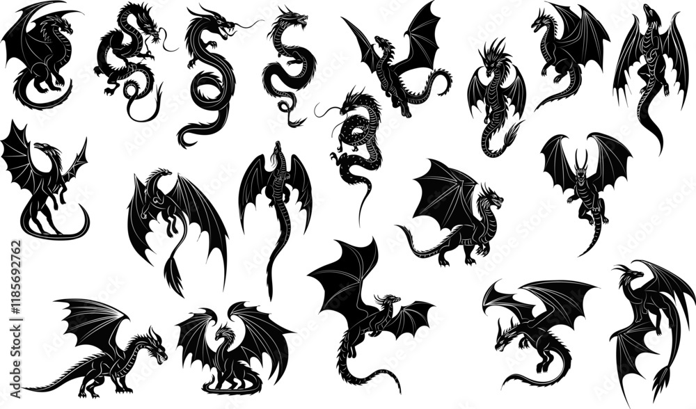 Fototapeta premium set silhouette dragons, collection on white background vector