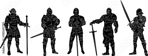 silhouette knights with swords on white background vector