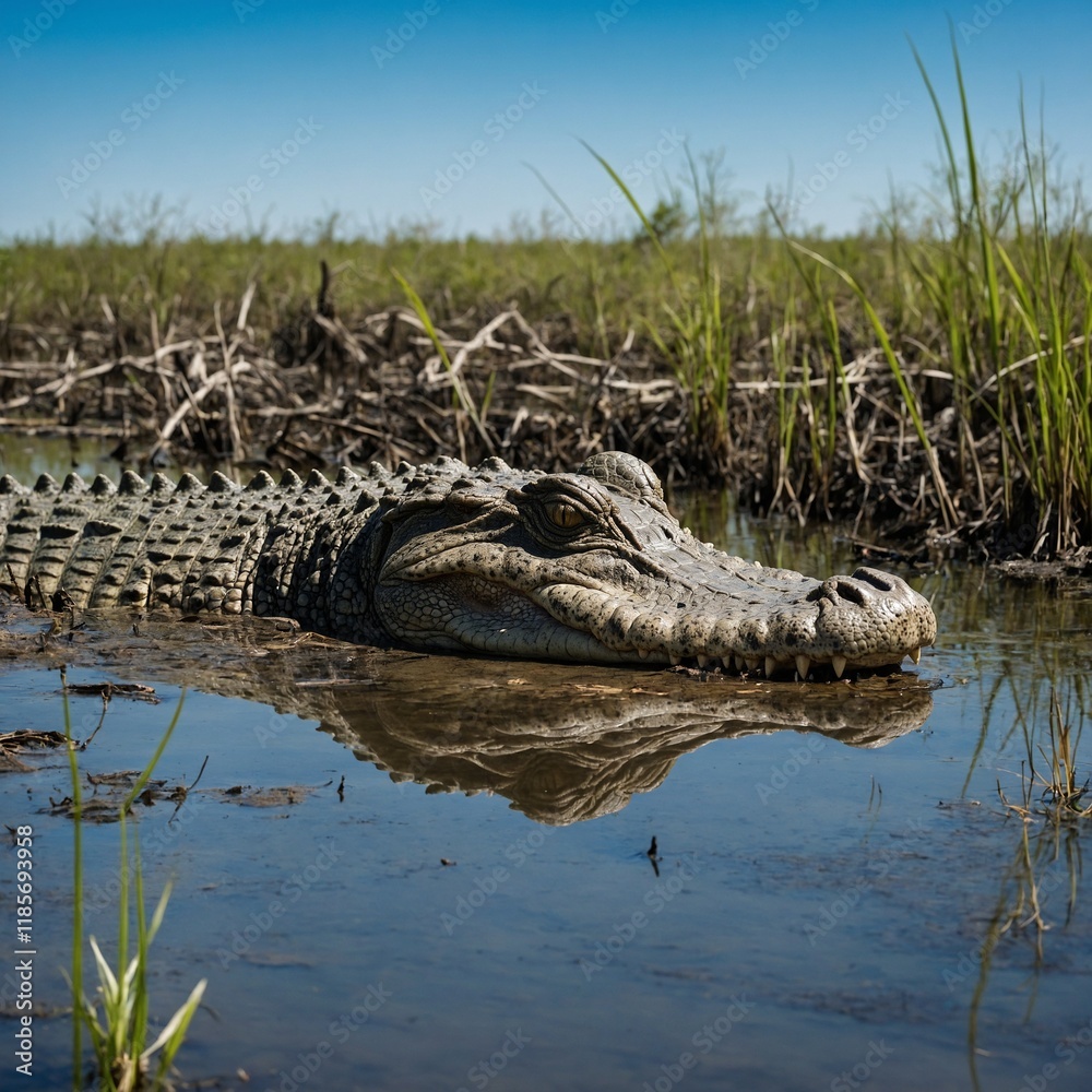 A crocodile lurking in a swampy area with a clear sky-blue sky.
A crocodile lurking in a swampy area with a clear sky-blue sky.