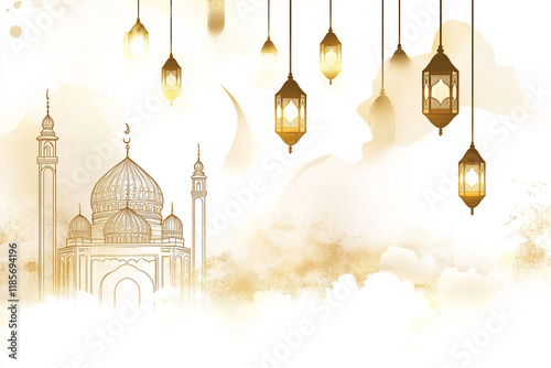 Honor Eid al-Fitr traditions with this stunning visual of illuminated lanterns and a serene mosque setting photo