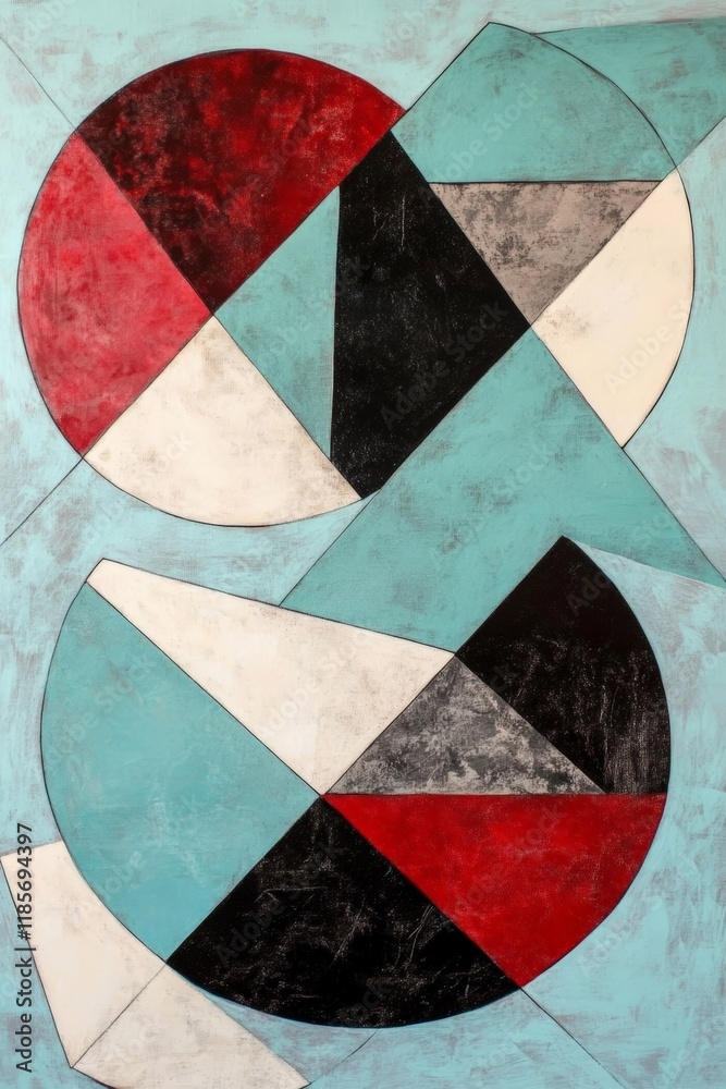 Fototapeta premium Abstract geometric art featuring circles and triangles in vibrant colors. Contemporary design with red, black, and turquoise elements for modern decor.