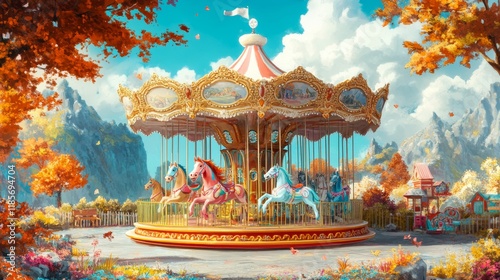 Carousel with colorful horses at amusement park, Merry go round with horse, Vintage ride attraction for children photo