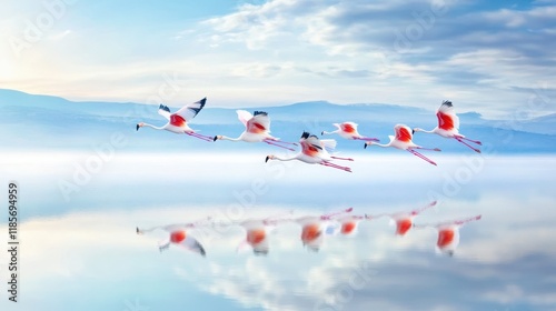 Flamingos in Flight: A breathtaking panoramic view of a flock of flamingos gracefully soaring over a serene lake at dawn, their reflection mirrored perfectly in the still water.