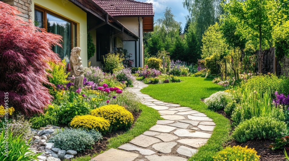 Fototapeta premium A spacious garden with flower beds, garden statues, and a stone pathway, offering space for outdoor design ideas and copy placement.