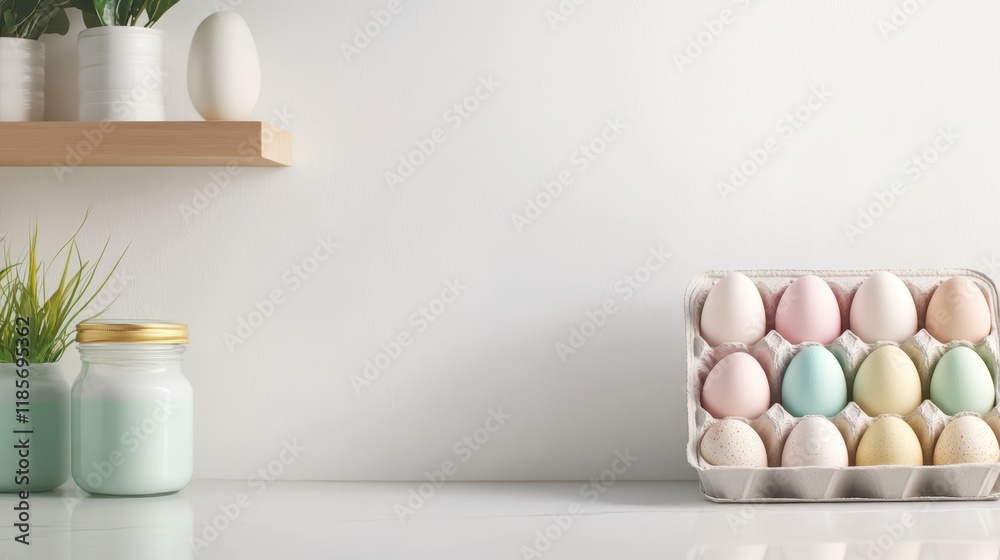 Fototapeta premium Pastel Easter Eggs in Carton: A minimalist kitchen scene featuring a carton of pastel-colored eggs, adding a touch of spring freshness and festive cheer.