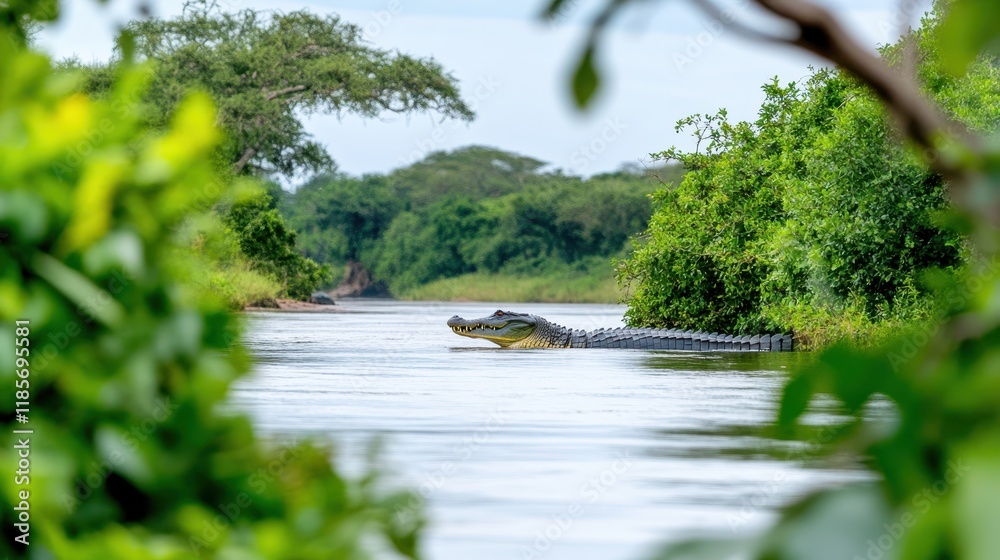 Crocodile in the River: A glimpse of a powerful crocodile basking in the sun, its presence commanding attention in a serene river landscape. Crocodile in the River: A glimpse of a powerful crocodile basking in the sun, its presence commanding attention in a serene river landscape.