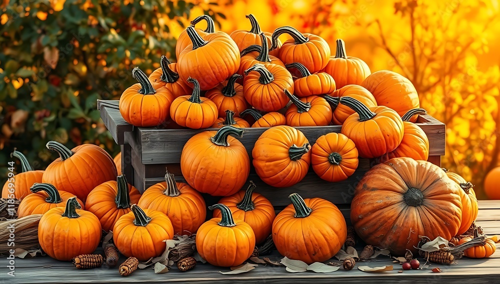 Wooden crate overflowing with many small and large pumpkins, autumn harvest. Wooden crate overflowing with many small and large pumpkins, autumn harvest.