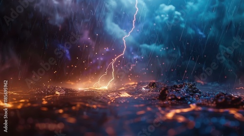 Thunderstorm displays an abstract beauty. Lightning and rain dominate the dark, stormy sky.