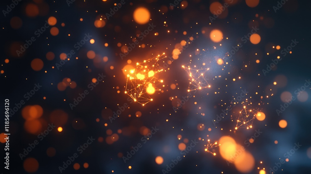 Fototapeta premium Dynamic D rendering of glowing interconnected nodes and particles on a dark background, symbolizing IoT and smart tech, with blank space