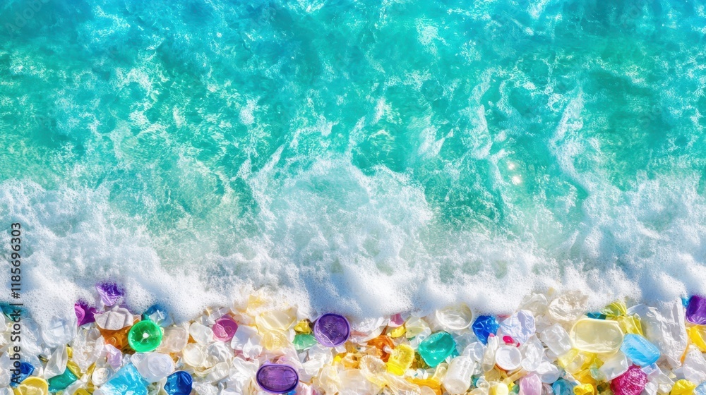 Ocean's Plastic Tears: Colorful plastic waste washes ashore, contrasting the vibrant turquoise ocean waves. A poignant image highlighting the environmental crisis. Ocean's Plastic Tears: Colorful plastic waste washes ashore, contrasting the vibrant turquoise ocean waves. A poignant image highlighting the environmental crisis.