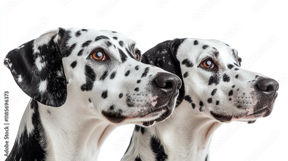 Two Adorable Dalmatian Dogs Profile, Close-up Portrait of Pets Two Adorable Dalmatian Dogs Profile, Close-up Portrait of Pets