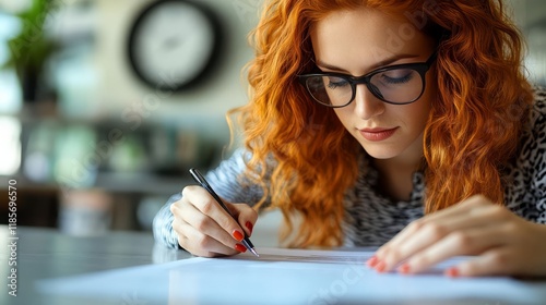 A focused woman writes notes in a cozy cafe, enhancing her creativity and productivity. photo