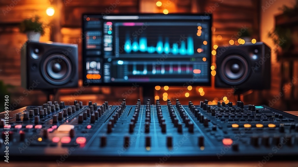A modern audio mixing console with visual display and speakers in a cozy studio setting. A modern audio mixing console with visual display and speakers in a cozy studio setting.