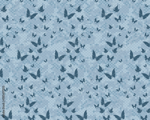 Seamless pixel background with blue butterflies.