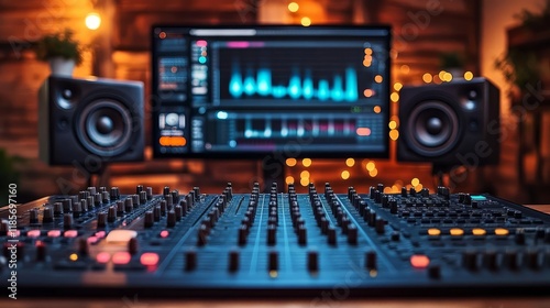 A modern audio mixing console with visual display and speakers in a cozy studio setting. photo