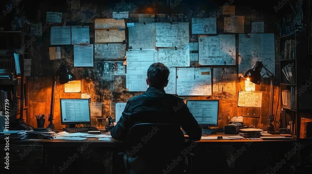 A person working intently at a desk surrounded by notes and computer screens. A person working intently at a desk surrounded by notes and computer screens.