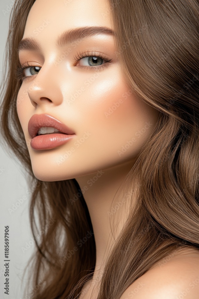 Captivating beauty with long, healthy hair showcasing a stunning look in a modern beauty studio setting Captivating beauty with long, healthy hair showcasing a stunning look in a modern beauty studio setting