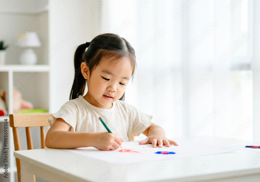 Asian female child drawing at table in bright room Asian female child drawing at table in bright room