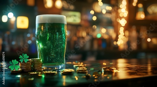 Green beer in a festive glass on St Patricks Day accompanied by gold coins and clover leaves on a bar counter photo