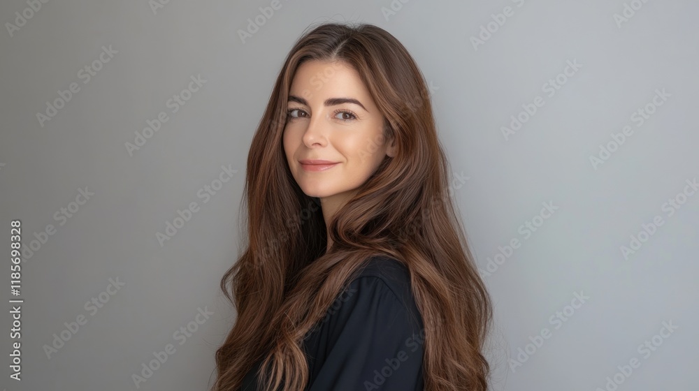 Elegant woman showcasing healthy, shiny brown hair in a beauty studio for a professional hair advertisement campaign Elegant woman showcasing healthy, shiny brown hair in a beauty studio for a professional hair advertisement campaign