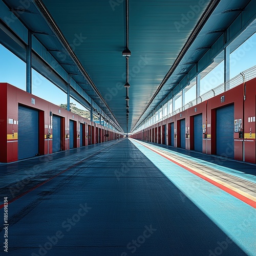 A spacious, modern pit lane at a racetrack, featuring multiple garage doors and a clear perspective down the length.