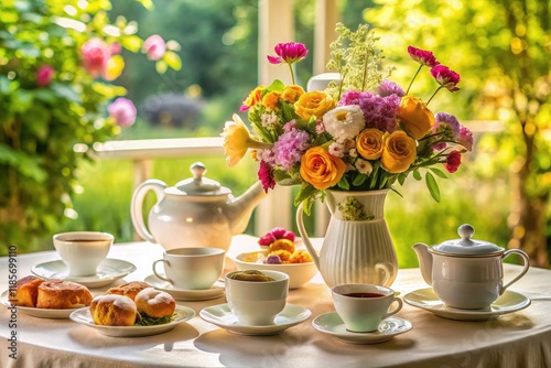 Wallpaper Mural A shallow depth of field showcases vibrant flowers beside a charming morning tea spread, captured in sharp detail. Torontodigital.ca